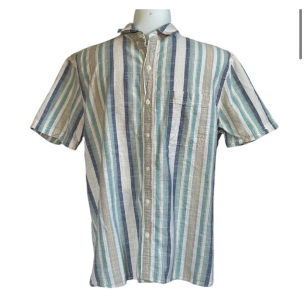 American Eagle Mens XL Striped Short Sleeve Button Up Shirt Blue Green Linen Mix